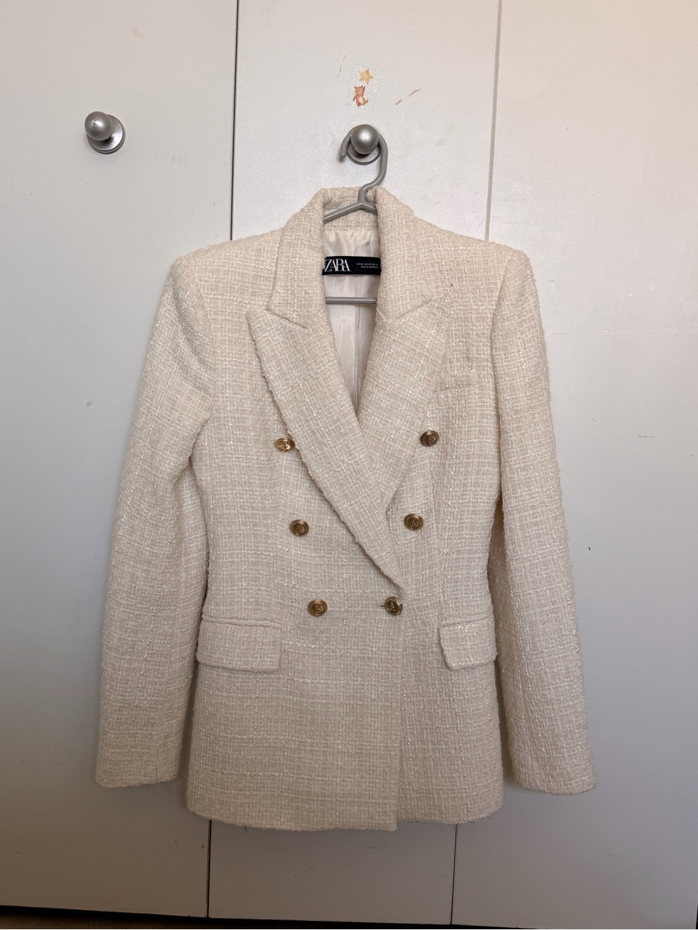 ZARA Cream Tweed Double-Breasted Blazer with Gold Buttons